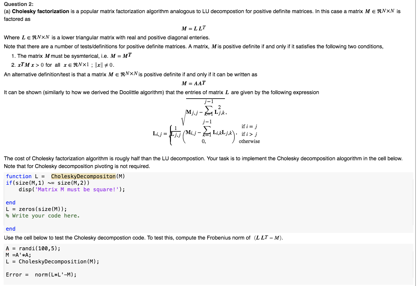 Question 2: (a) Cholesky factorization is a popular | Chegg.com