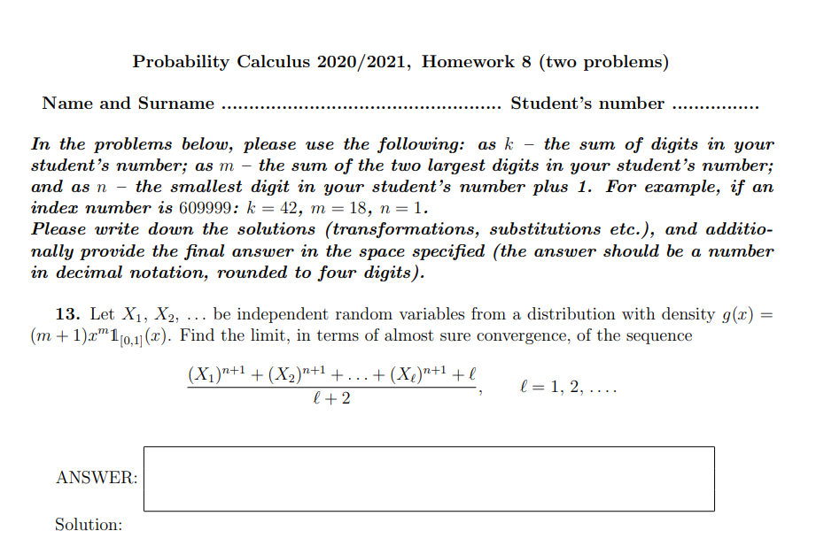 Solved Probability Calculus 2020/2021, Homework 8 (two | Chegg.com