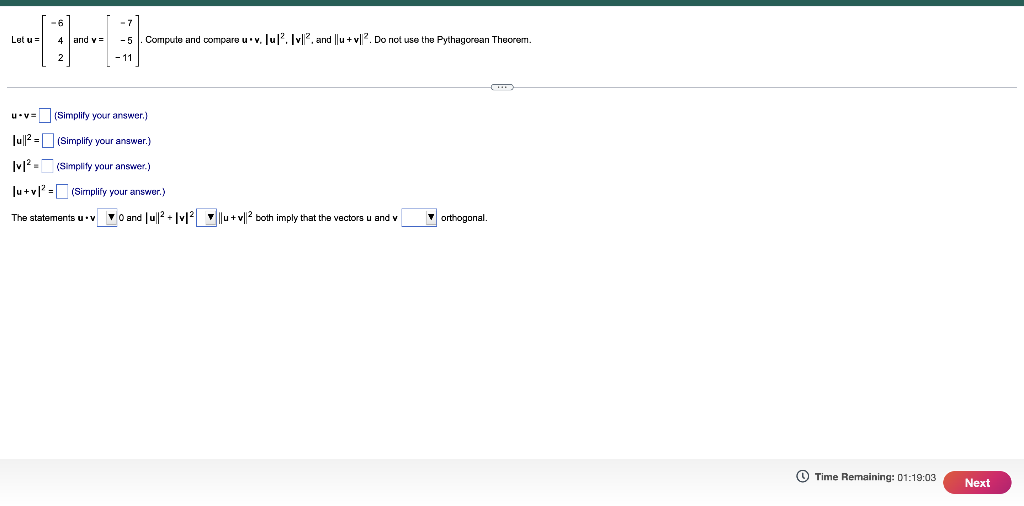 Solved Let u = 4 and y= -5 Compute and compare u v. lul? | Chegg.com