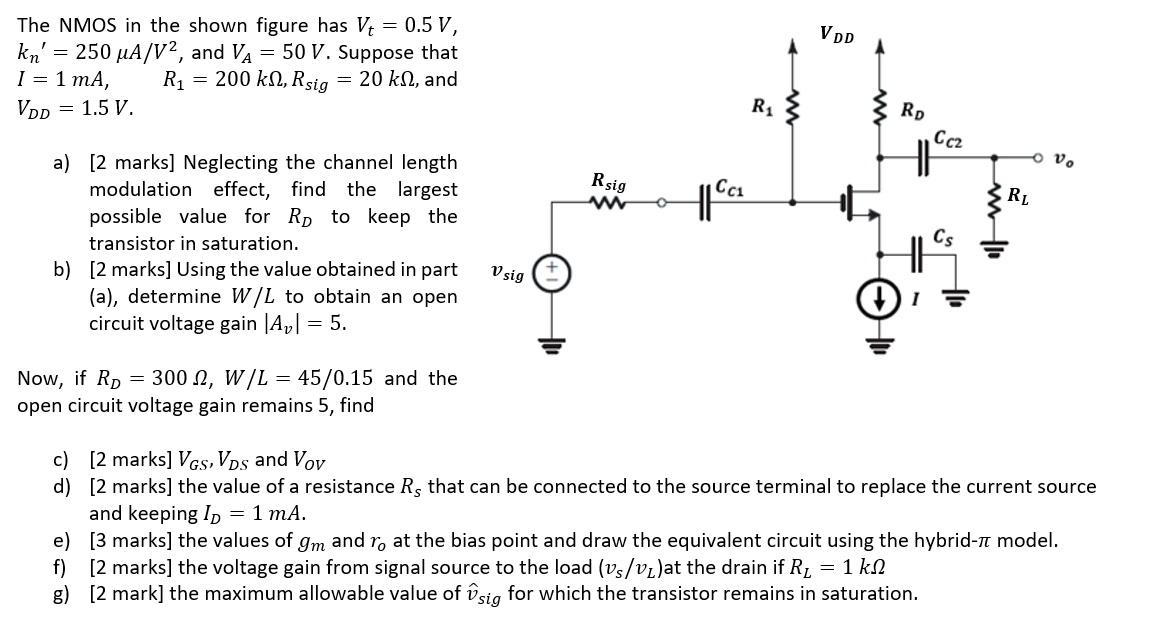 Solved VDD The NMOS in the shown figure has Vt = 0.5 V, kn' | Chegg.com