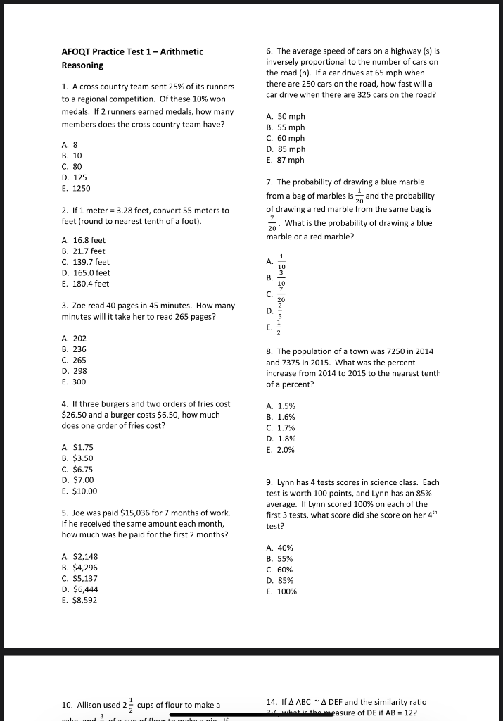 Solved AFOQT Practice Test 1 Arithmetic Reasoning 6. The