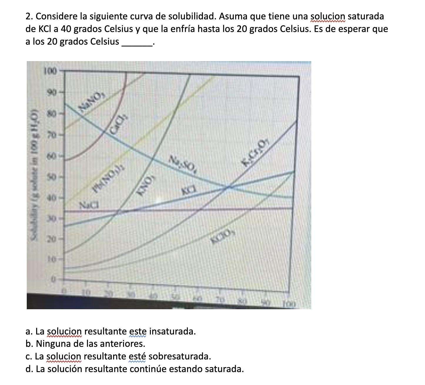 2. Considere la siguiente curva de solubilidad. Asuma que tiene una solucion saturada de \( \mathrm{KCl} \) a 40 grados Celsi