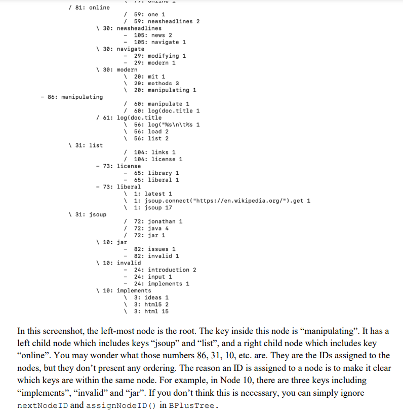 In this screenshot, the left-most node is the root. The key inside this node is manipulating. It has a left child node whic