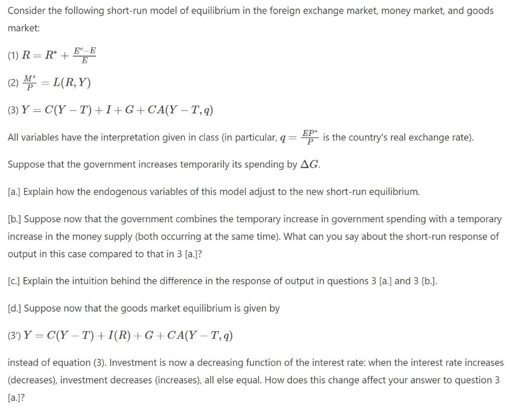 Solved Consider the following short-run model of equilibrium | Chegg.com