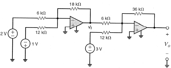 Solved 18 kΩ 36 ΚΩ 6 ΚΩ 6 ΚΩ VI 2V(+ 12 ΚΩ 12 ΚΩ 5 +)1V Vo | Chegg.com