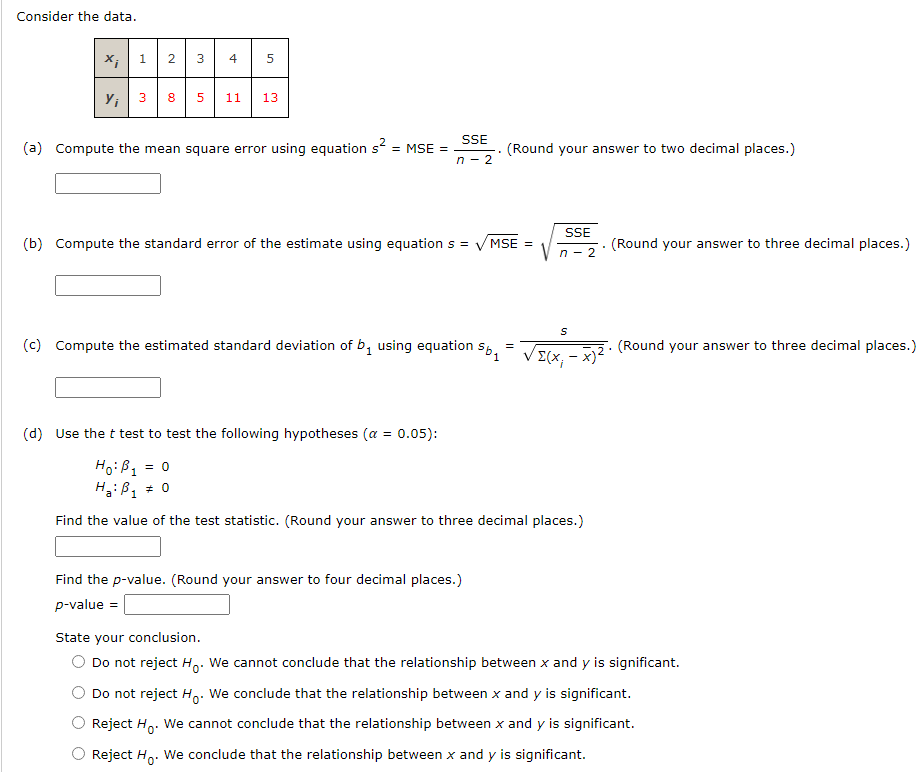 Solved Consider the data. (a) Compute the mean square error | Chegg.com