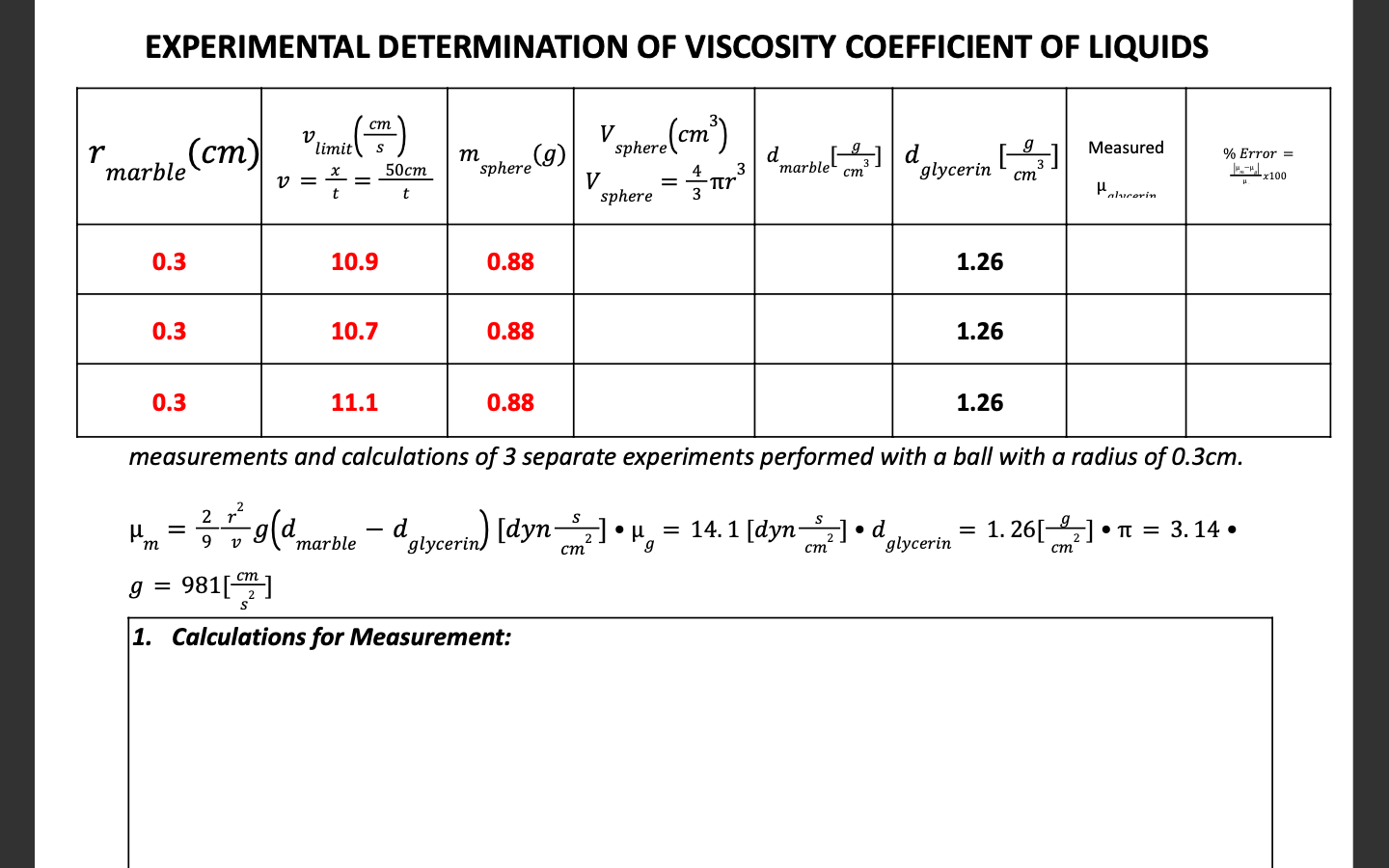 experimental determination of coefficient of viscosity