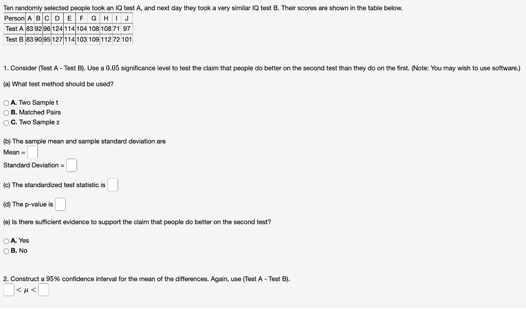 Solved 1. Consider (Test A - Test B). Use A 0.05 | Chegg.com