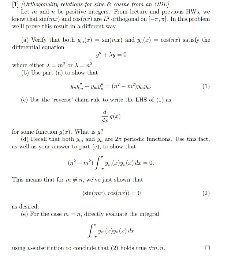 Solved [1] (Orthogonality relations for sine & cosine from | Chegg.com