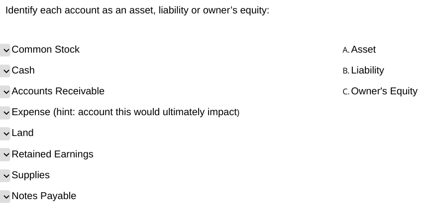 identify each account as an asset liability or equity