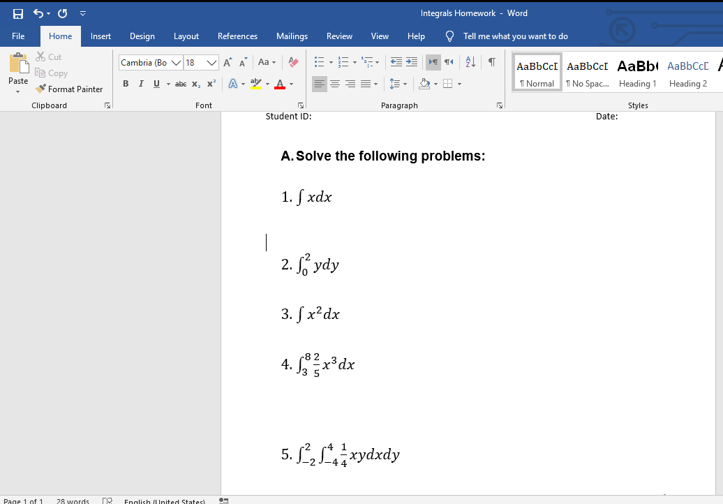 Solved S = Integrals Homework - Word File Home Insert Design | Chegg.com