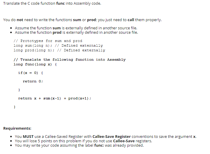 Solved Translate the C code function func into Assembly | Chegg.com
