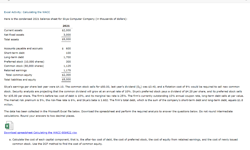 Solved Excel Activity Calculating The Wacc Here Is The 9301