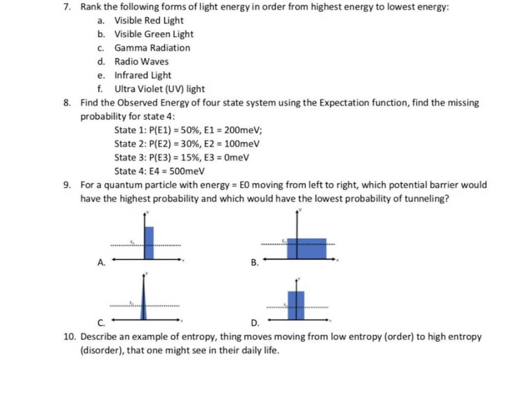 rank the visible light spectrum from the highest to the lowest energy