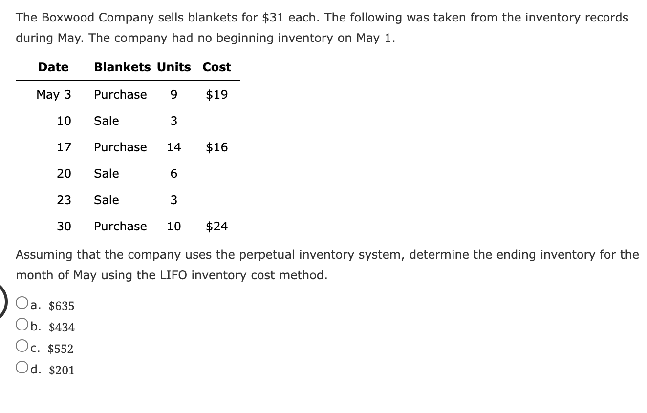 Solved The Boxwood Company sells blankets for 31 each. The
