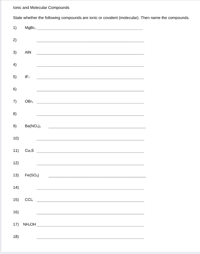 Solved Ionic and Molecular Compounds State whether the | Chegg.com