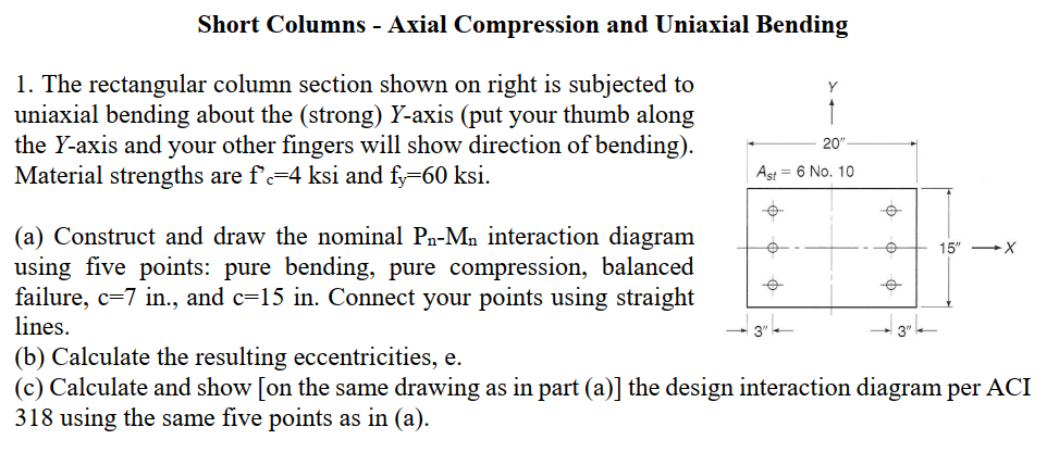 Short Columns - Axial Compression and Uniaxial Bending
1. The rectangular column section shown on right is subjected to uniax