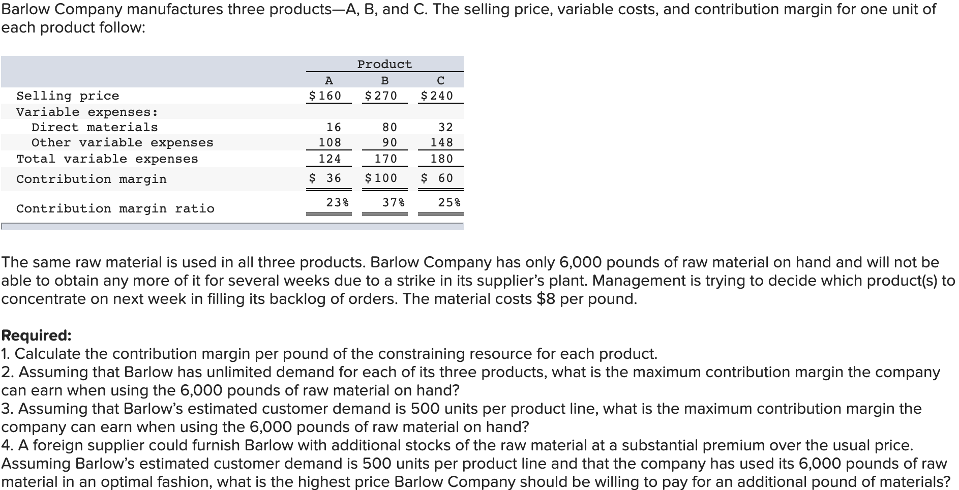 Solved Barlow Company Manufactures Three Products-A, B, And | Chegg.com