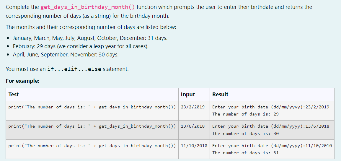 Solved Complete the get_days_in_birthday_month() function | Chegg.com