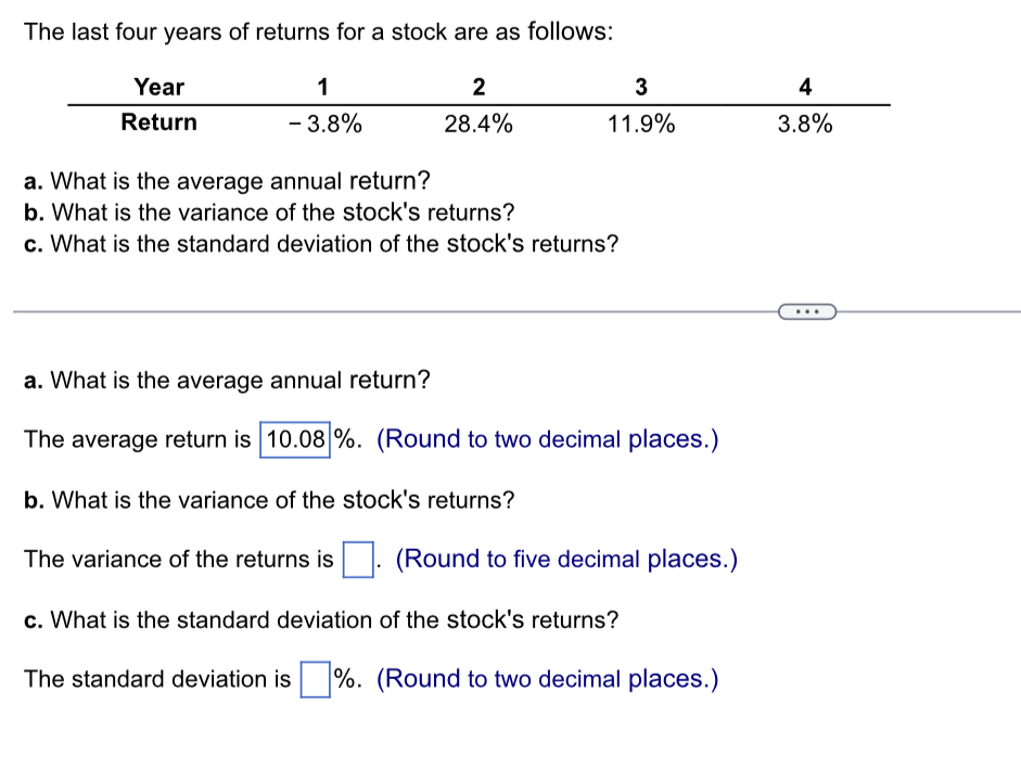Solved The last four years of returns for a stock are as | Chegg.com