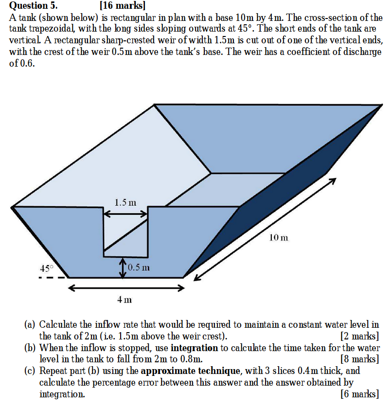 Solved A tank is rectangular in plan with a base 10m by 4m.
