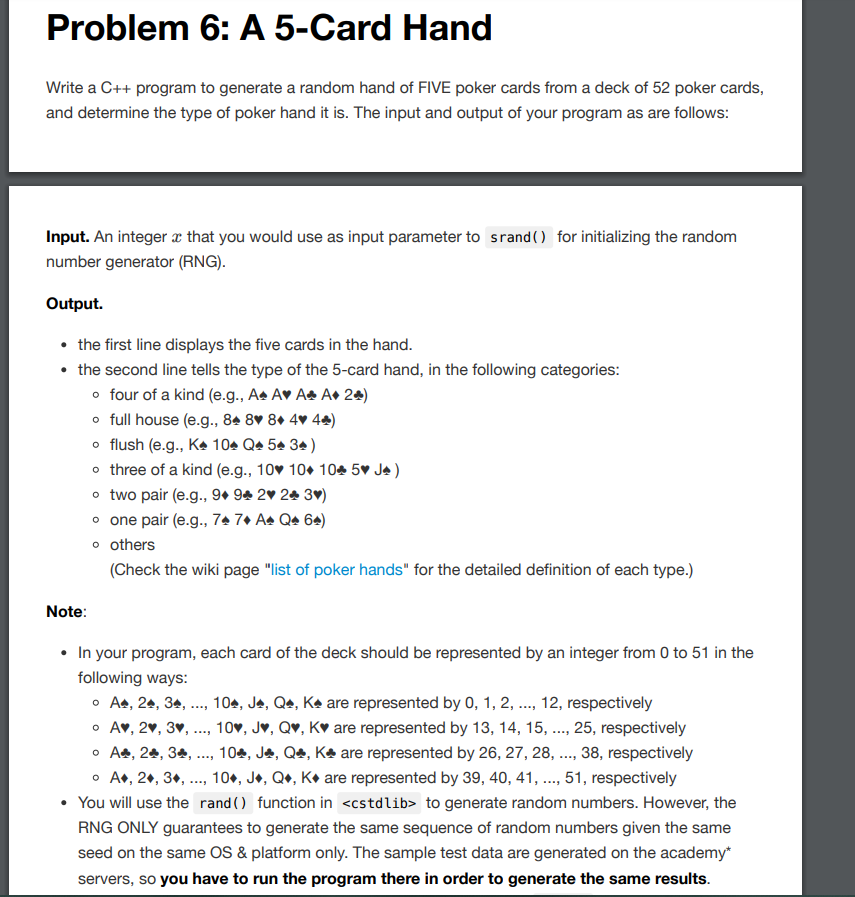 Solved Problem 6 A 5 Card Hand Write A C Program To Ge
