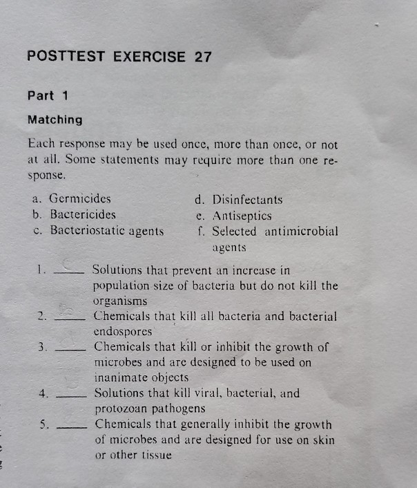 Solved Posttest Exercise 27 Part 1 Matching Each Response Chegg Com