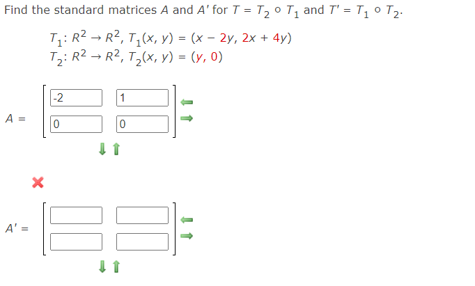 Solved Find the standard matrices A and A' forT = T2 ∘ T1 | Chegg.com