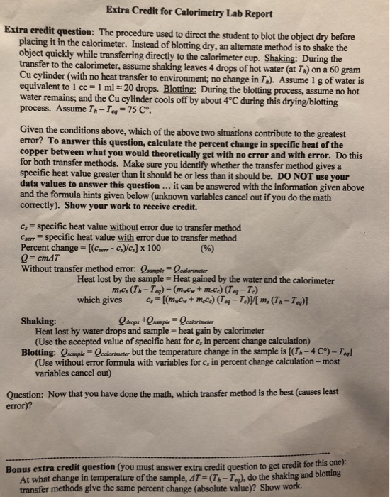 Solved Extra Credit for Calorimetry Lab Report Extra credit