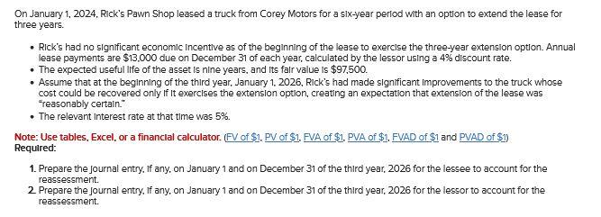 Solved On January 1, 2024, Rick's Pawn Shop leased a truck | Chegg.com