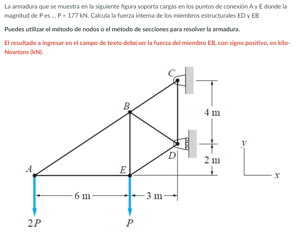 La armadura que se muestra en la siguiente figura soporta cargas en los puntos de conexión A y E donde la magnitud de \( \mat