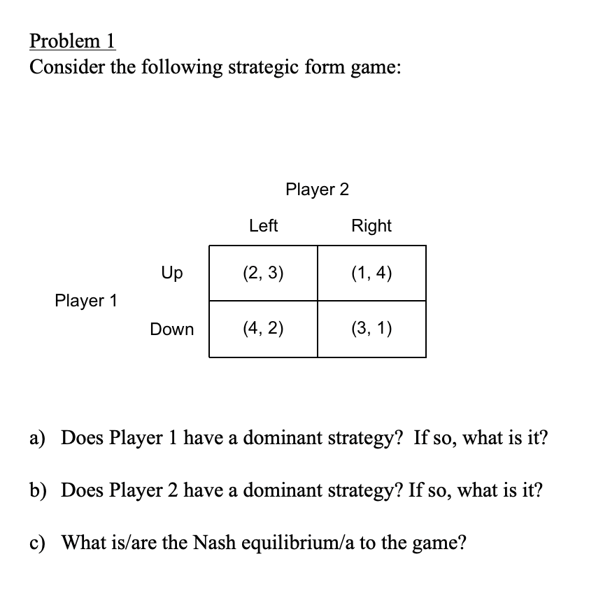 Solved Problem 1 Consider the following strategic form game: | Chegg.com