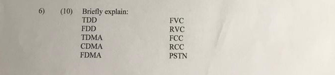 Solved 6) (10) FVC Briefly explain: TDD FDD TDMA CDMA FDMA | Chegg.com