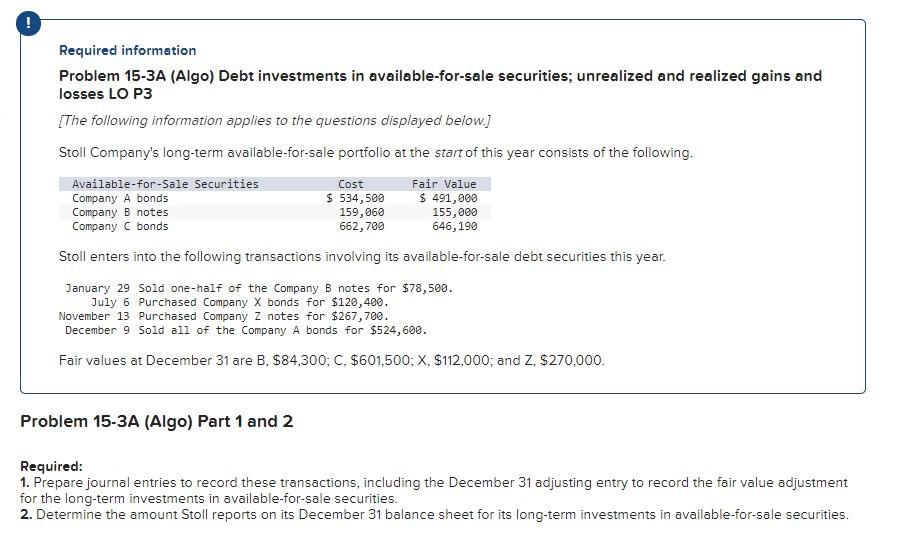 Solved ! Required information Problem 15-3A (Algo) Debt | Chegg.com