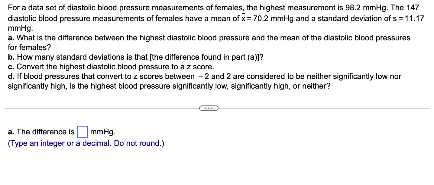 Solved For a data set of diastolic blood pressure