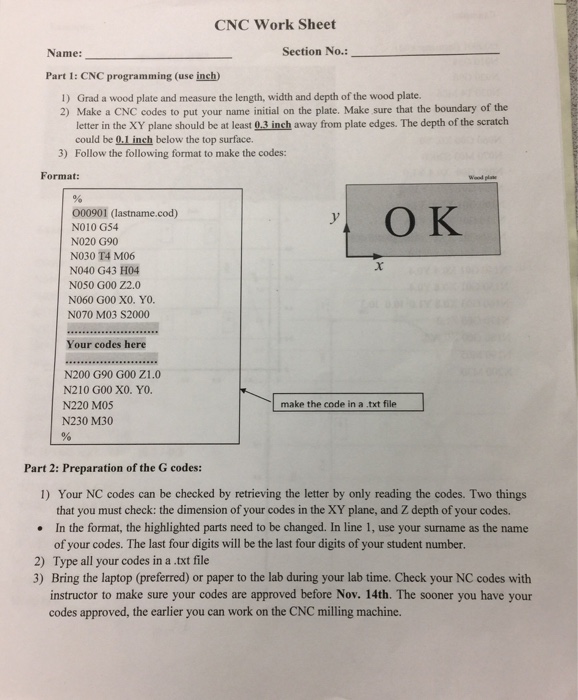 Solved CNC Work Sheet Name: Section No.: Part 1: CNC | Chegg.com