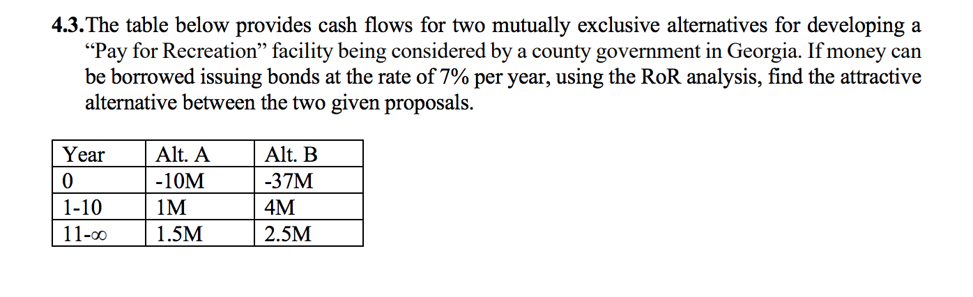 Solved 4.3. The table below provides cash flows for two | Chegg.com