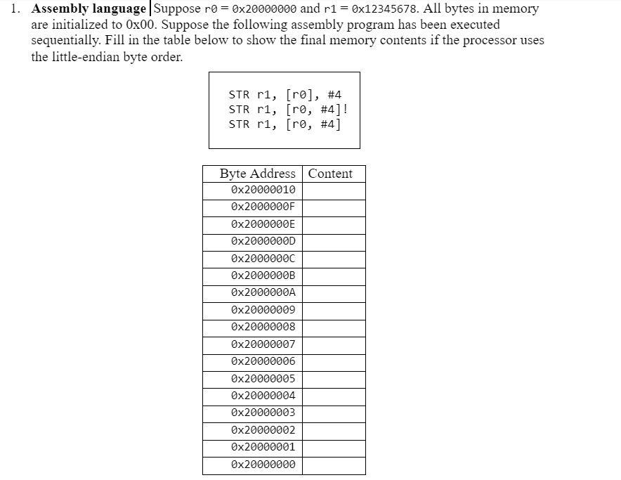 Solved 1. Assembly language Suppose ro =0x20000000 and r1