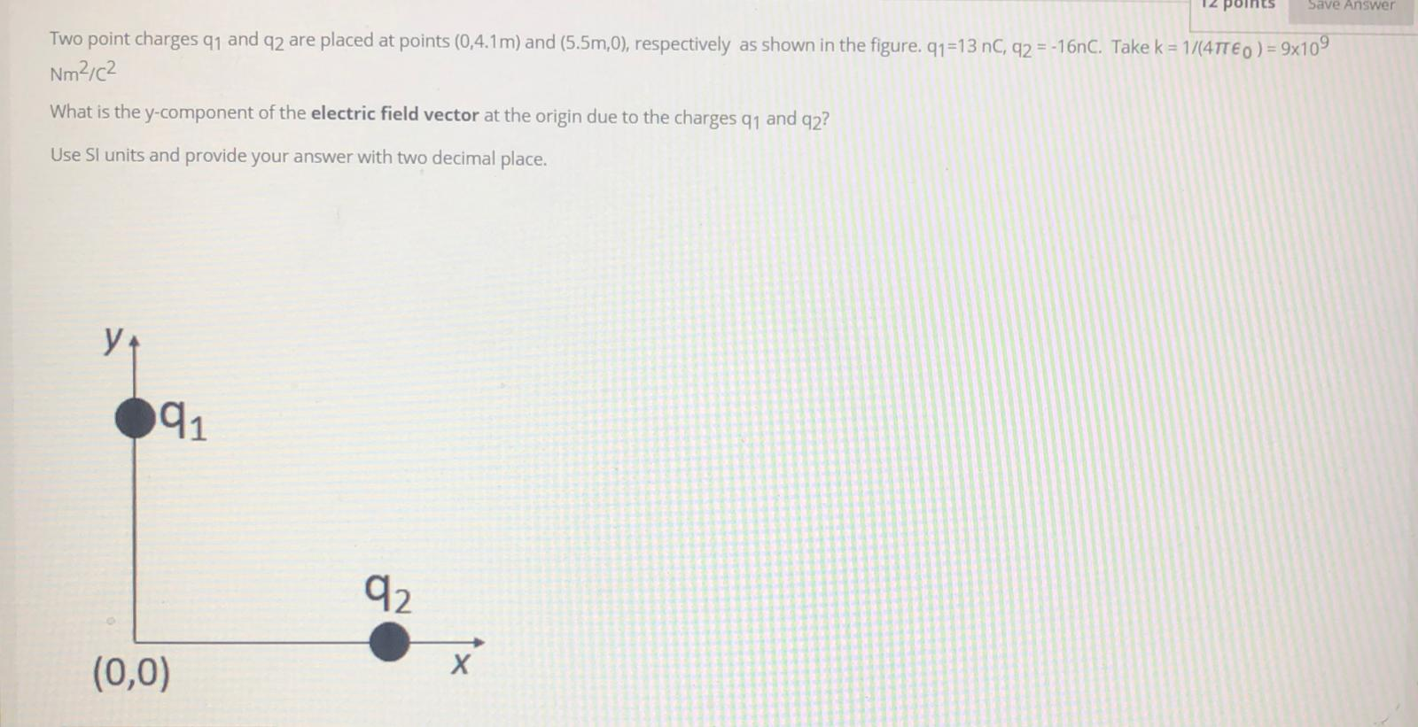 Solved 12 points Save Answer Two point charges 91 and 92 are | Chegg.com
