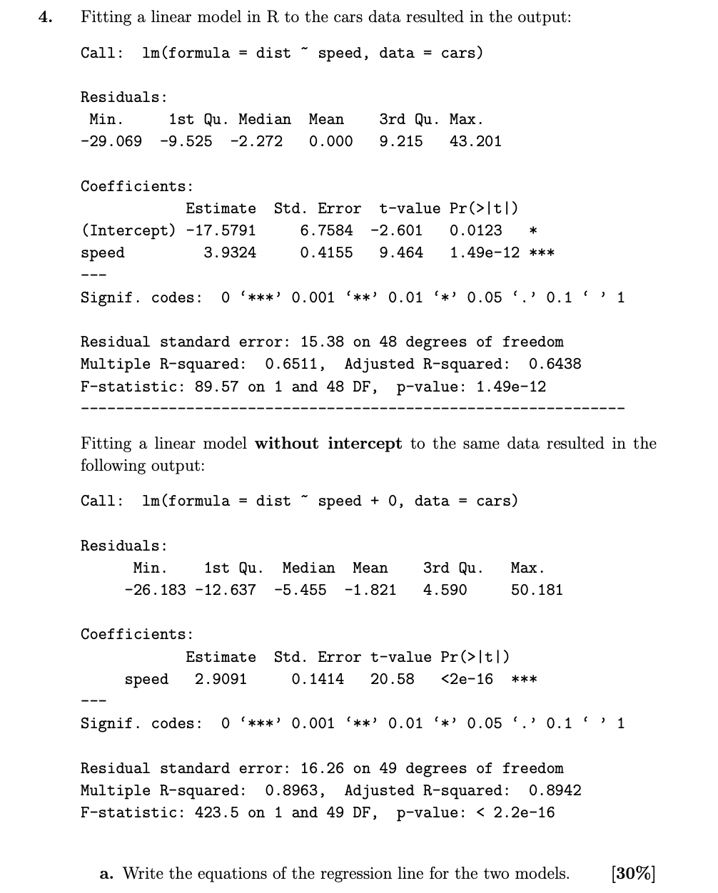 Solved Fitting a linear model in R to the cars data resulted | Chegg.com