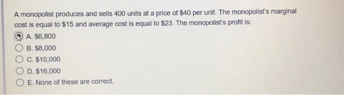 Solved A monopolist produces and sells 400 units at a price | Chegg.com