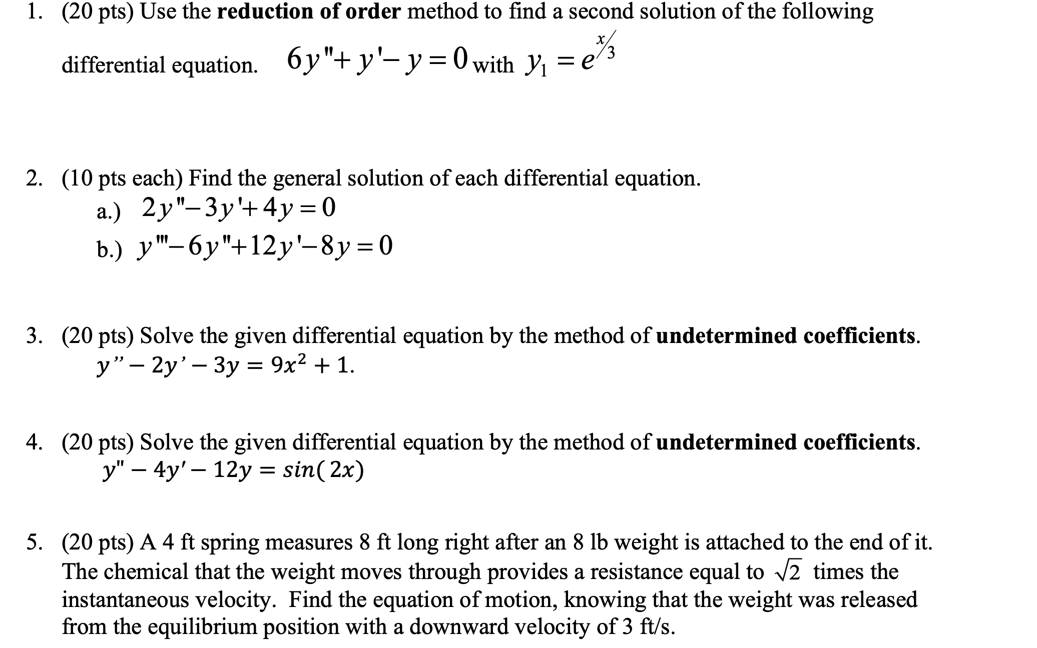 Solved 1. (20 pts) Use the reduction of order method to find | Chegg.com