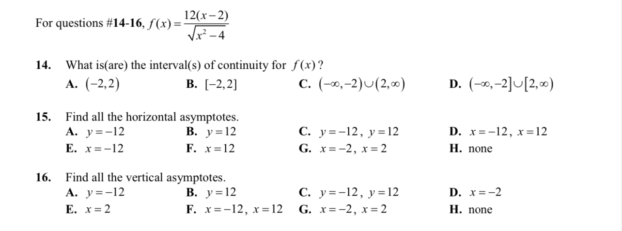 Solved For questions \#14-16, f(x)=x2−412(x−2) 14. What | Chegg.com