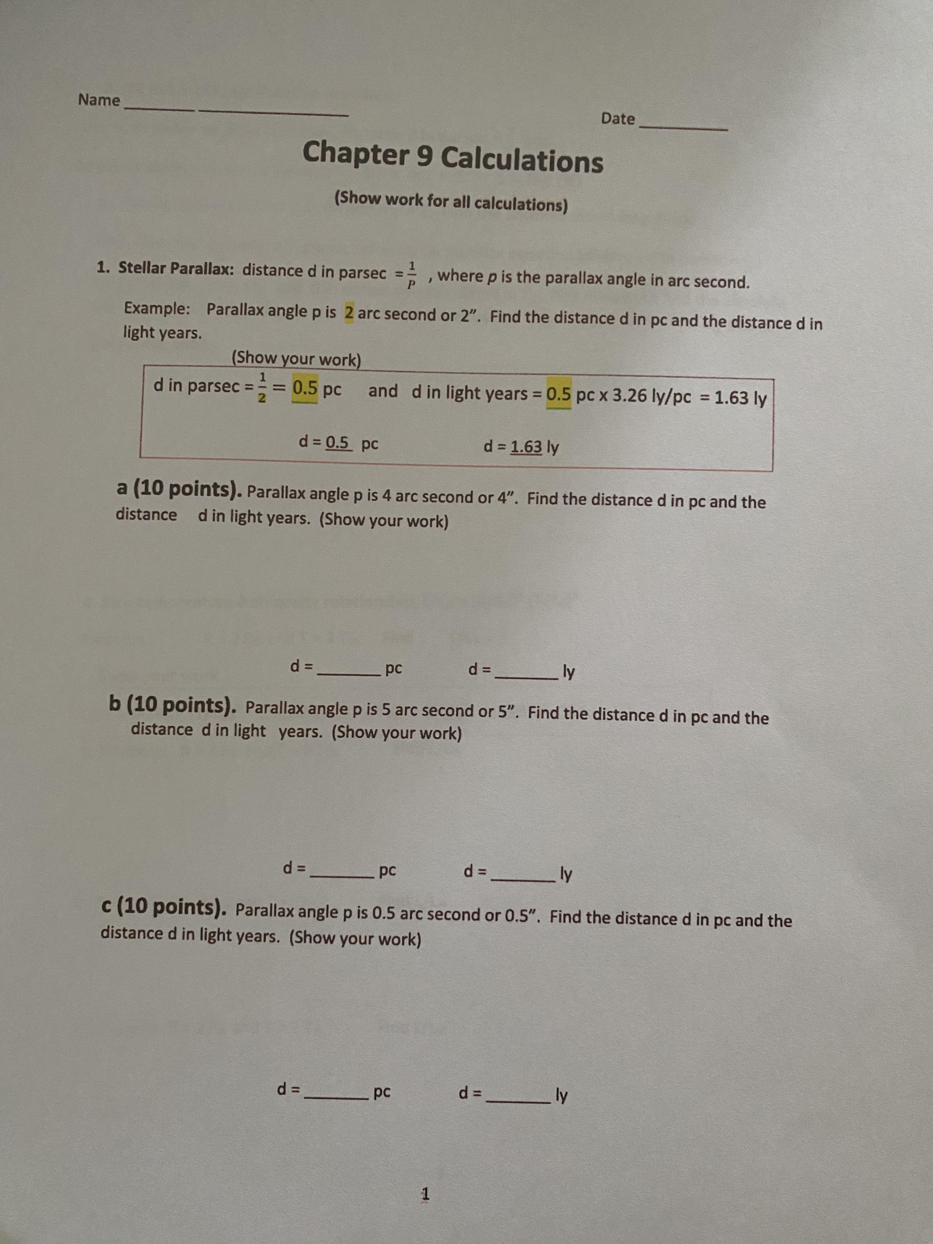 Solved (Show your work) d in parsec =21=0.5pc and d in light | Chegg.com