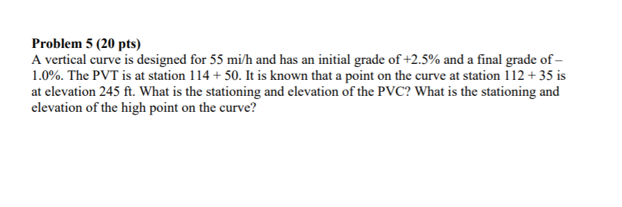 Solved Problem 5 (20 pts) A vertical curve is designed for | Chegg.com