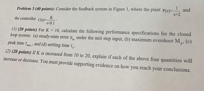 Solved Problem 3 (40 points): Consider the feedback system | Chegg.com