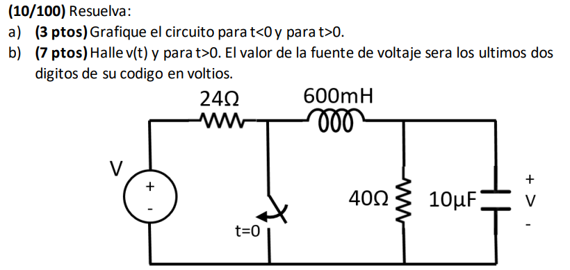 (10/100) Resuelva: a) (3 ptos) Grafique el circuito para \( \mathrm{t}<0 \) y para \( \mathrm{t}>0 \). b) (7 ptos) Halle \( v