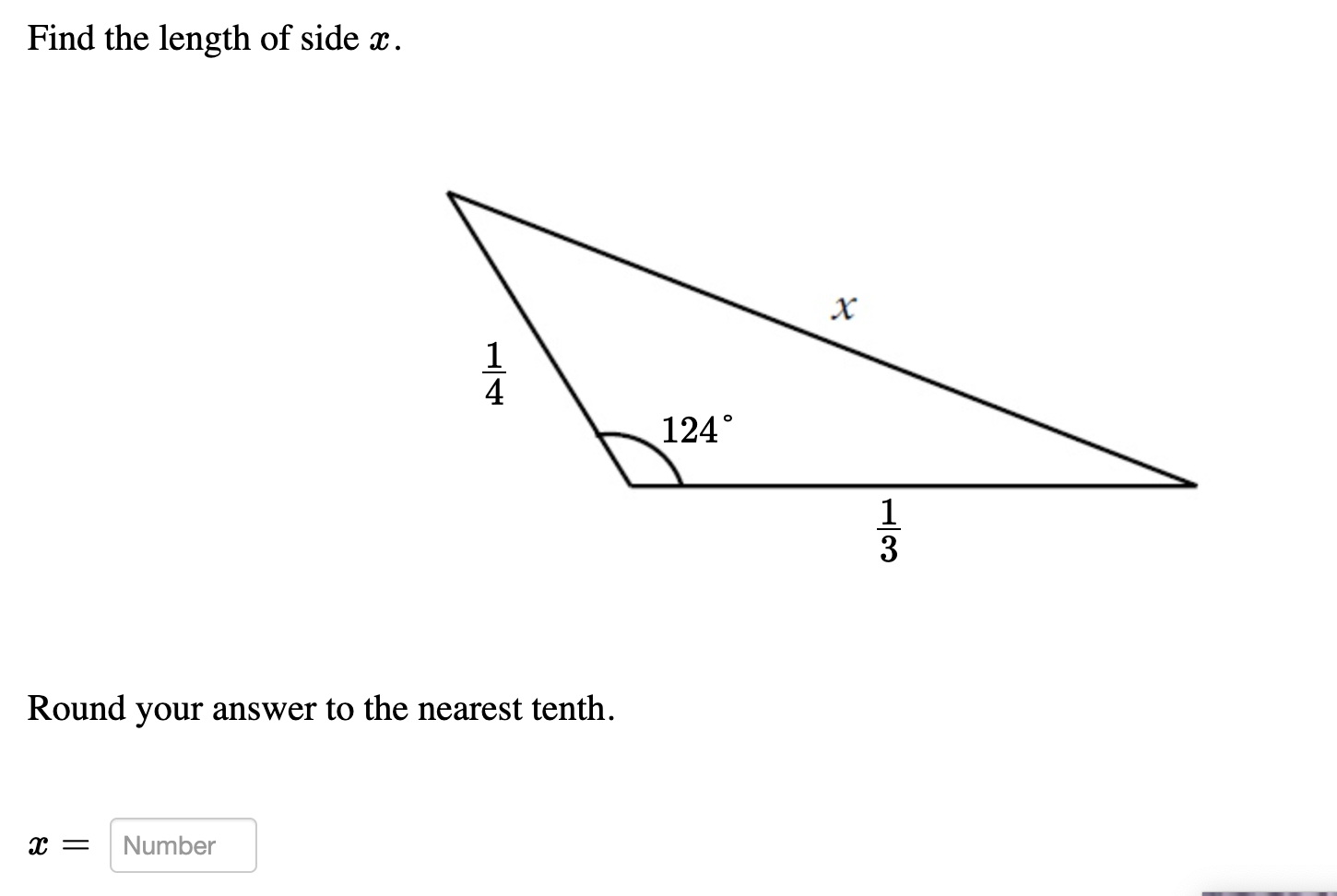 Solved Find the length of side x. х 1 4. 124° 1 3 Round your | Chegg.com