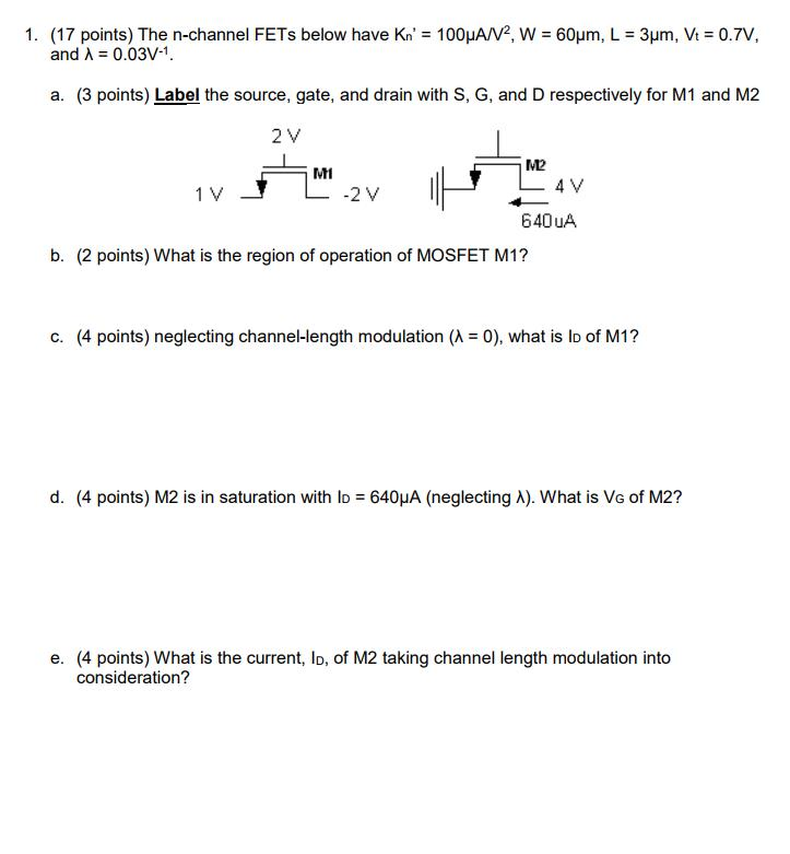 Solved 1 17 Points The N Channel Fets Below Have Kn Chegg Com