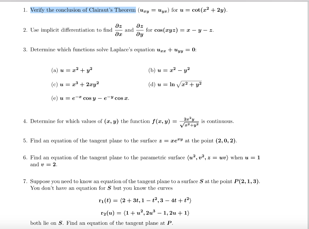 Solved 1. Verify the conclusion of Clairaut's Theorem (uzy - | Chegg.com